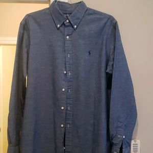 Nearly new mens custom fit denim button down shirt by Ralph Lauren, size Large